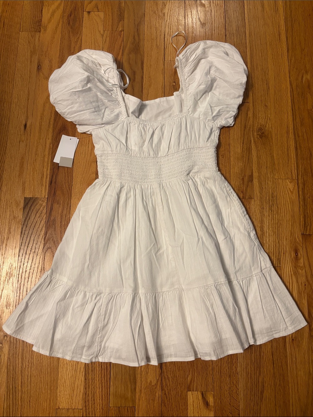 BP White Puff-Sleeve Smocked Waist Dress